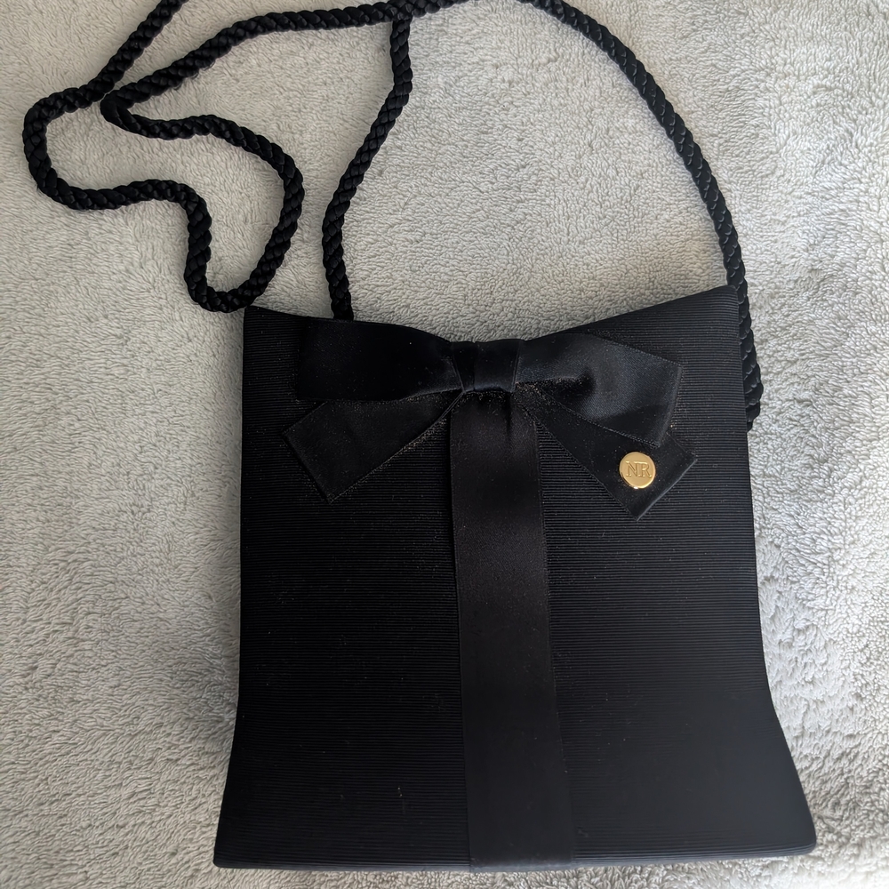 Vintage Nina Ricci Paris Black Bow Evening Bag - Silk Rope Strap